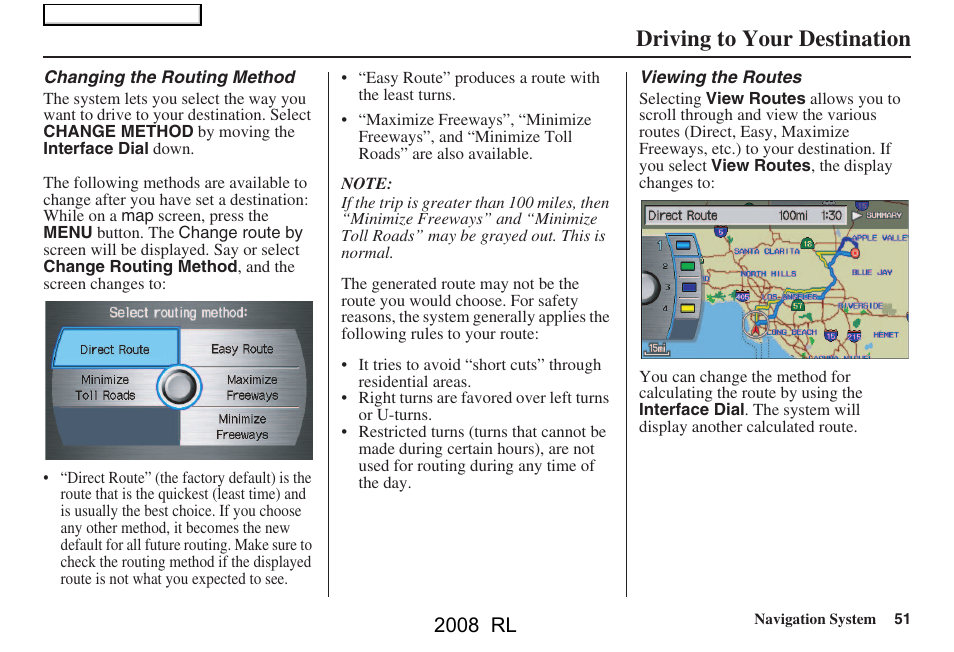 Driving to your destination, 2008 rl | Acura 2008 RL Navigation User Manual | Page 51 / 162