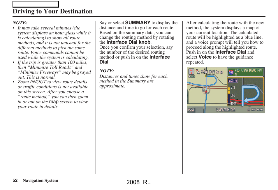 Driving to your destination, 2008 rl | Acura 2008 RL Navigation User Manual | Page 52 / 162