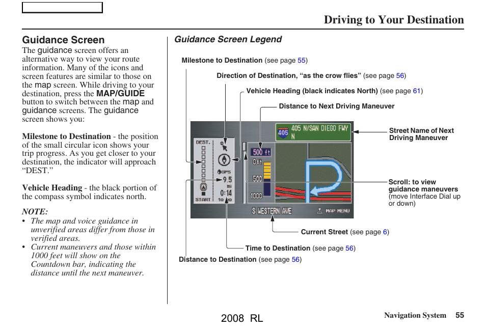 Driving to your destination, 2008 rl, Guidance screen | Acura 2008 RL Navigation User Manual | Page 55 / 162