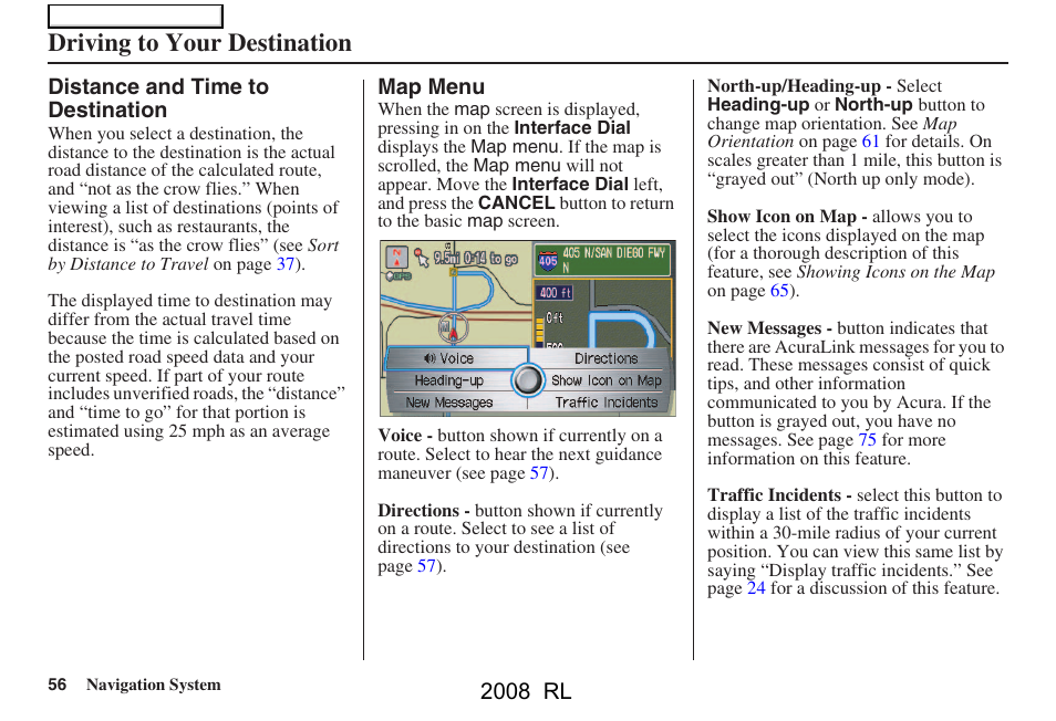 Driving to your destination, 2008 rl | Acura 2008 RL Navigation User Manual | Page 56 / 162