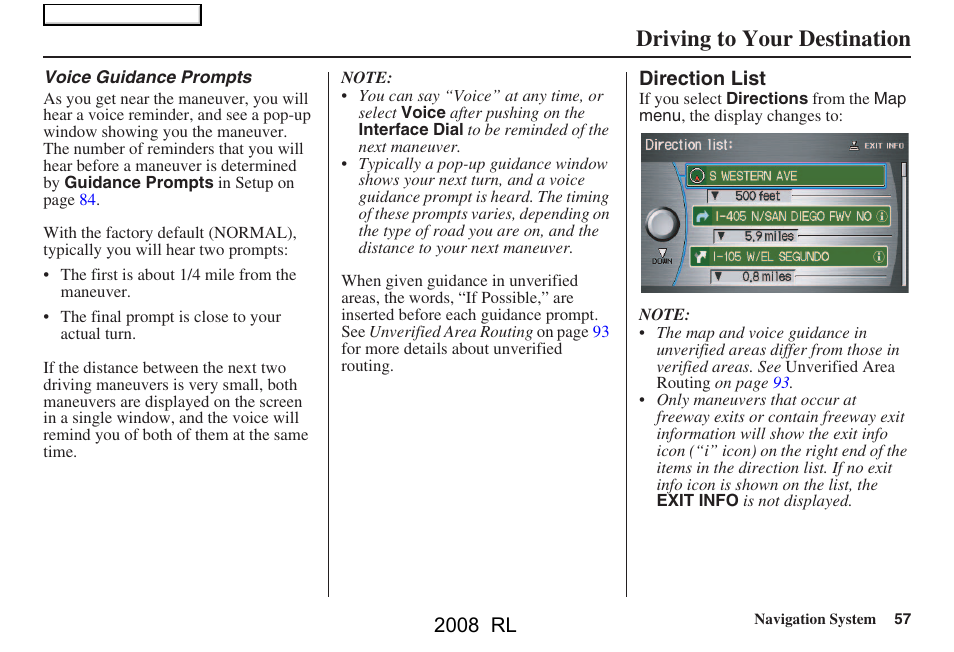 Driving to your destination, 2008 rl | Acura 2008 RL Navigation User Manual | Page 57 / 162