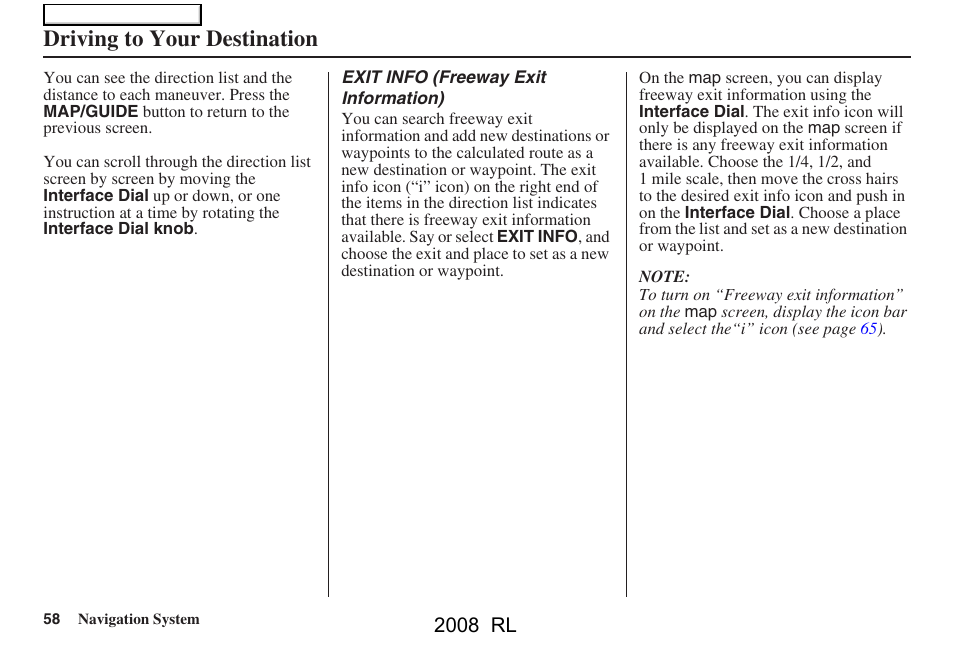 Driving to your destination, 2008 rl | Acura 2008 RL Navigation User Manual | Page 58 / 162