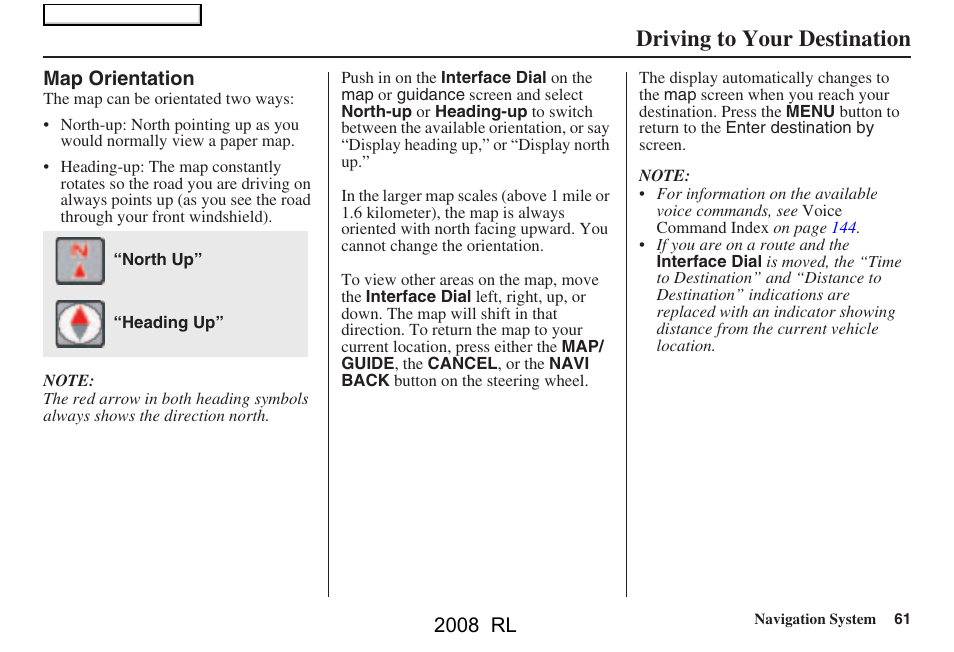 Driving to your destination, 2008 rl | Acura 2008 RL Navigation User Manual | Page 61 / 162