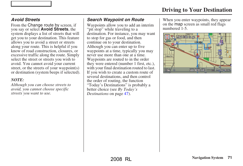 Driving to your destination, 2008 rl | Acura 2008 RL Navigation User Manual | Page 71 / 162