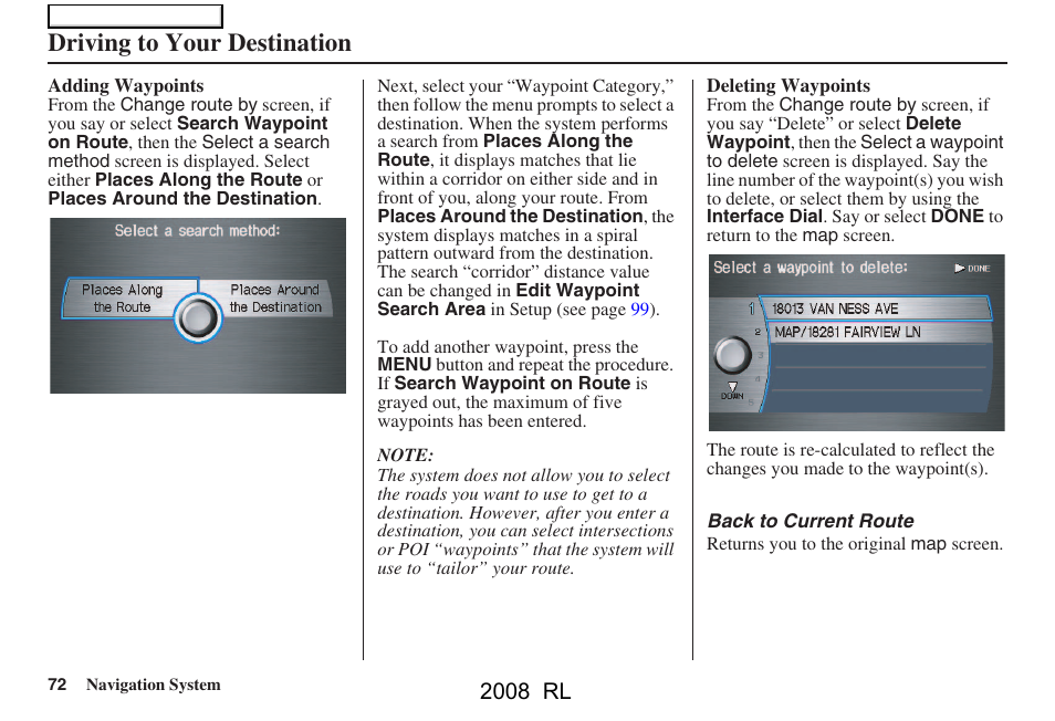 Driving to your destination, 2008 rl | Acura 2008 RL Navigation User Manual | Page 72 / 162
