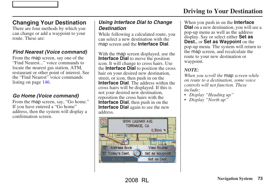 Driving to your destination | Acura 2008 RL Navigation User Manual | Page 73 / 162