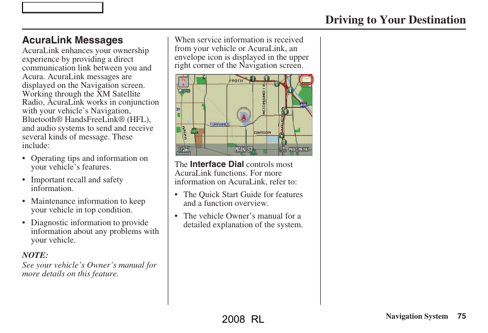 Driving to your destination, 2008 rl | Acura 2008 RL Navigation User Manual | Page 75 / 162