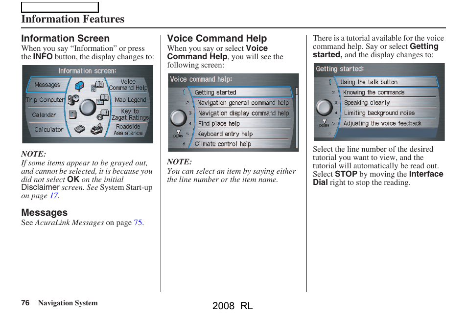 Information features | Acura 2008 RL Navigation User Manual | Page 76 / 162