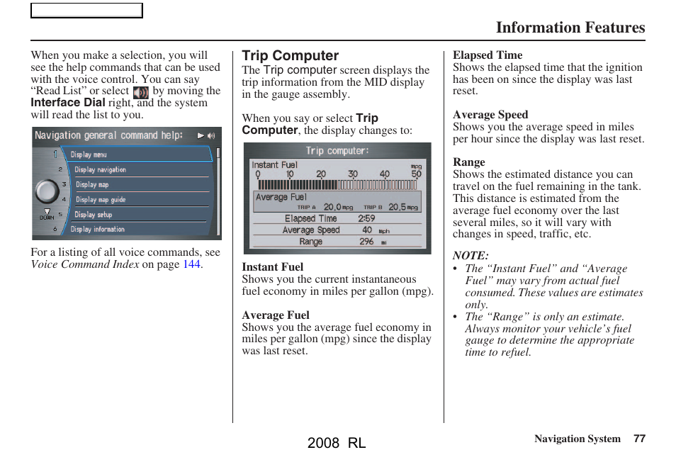 Information features, 2008 rl | Acura 2008 RL Navigation User Manual | Page 77 / 162