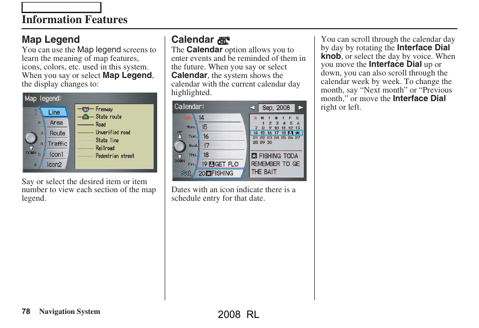 Information features | Acura 2008 RL Navigation User Manual | Page 78 / 162