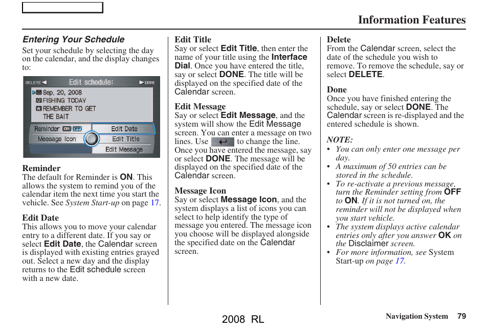 Information features, 2008 rl | Acura 2008 RL Navigation User Manual | Page 79 / 162