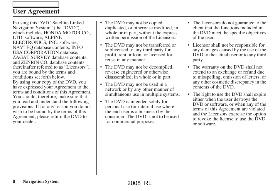 User agreement, 2008 rl | Acura 2008 RL Navigation User Manual | Page 8 / 162