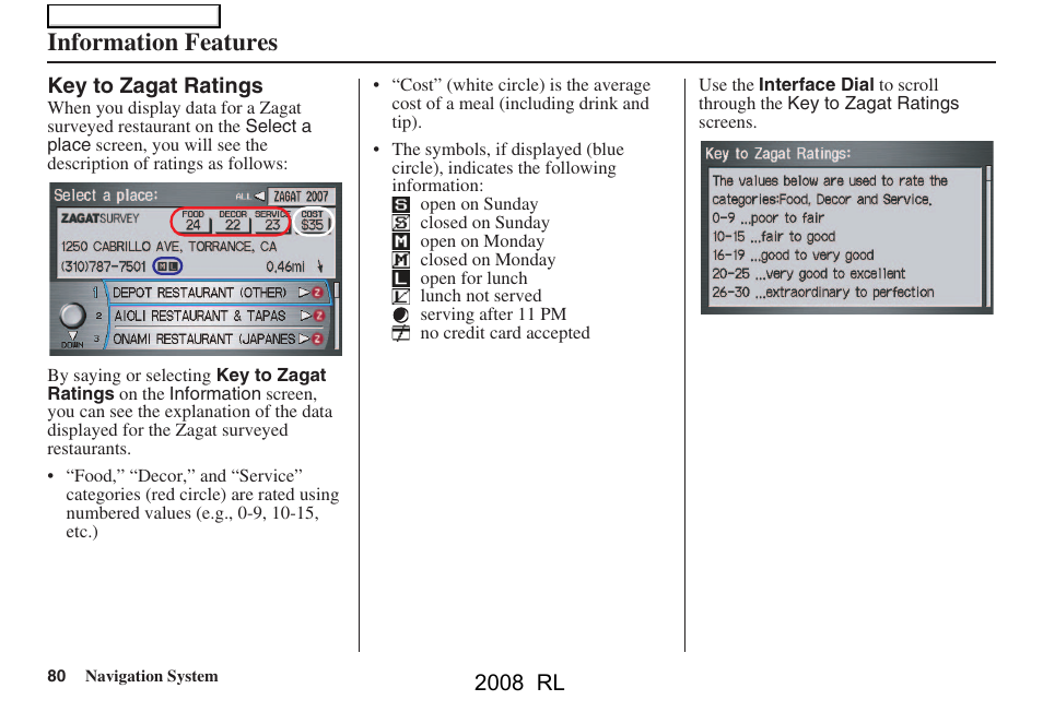 Information features, 2008 rl | Acura 2008 RL Navigation User Manual | Page 80 / 162