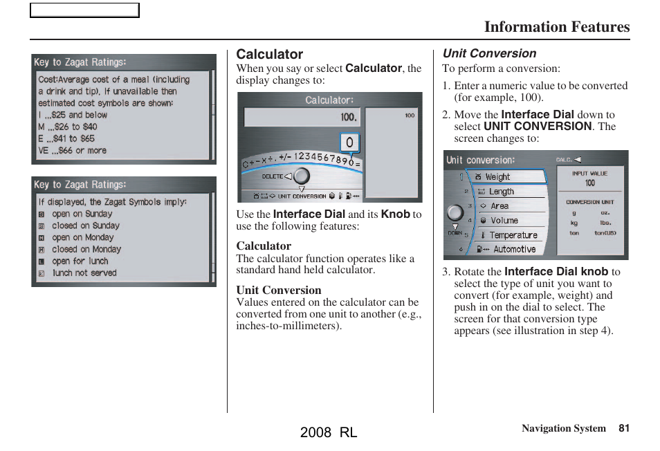Information features | Acura 2008 RL Navigation User Manual | Page 81 / 162