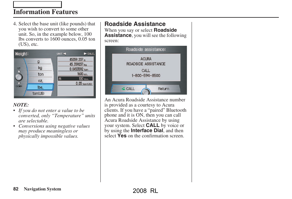 Information features | Acura 2008 RL Navigation User Manual | Page 82 / 162