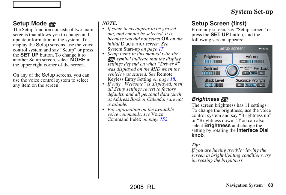 System set-up, 2008 rl | Acura 2008 RL Navigation User Manual | Page 83 / 162