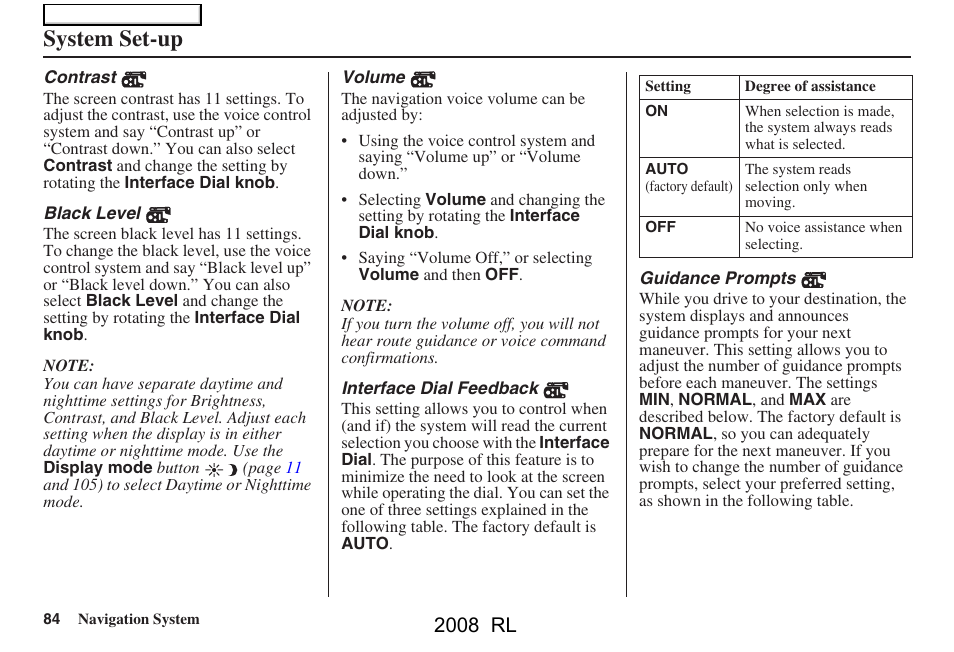 System set-up, 2008 rl | Acura 2008 RL Navigation User Manual | Page 84 / 162