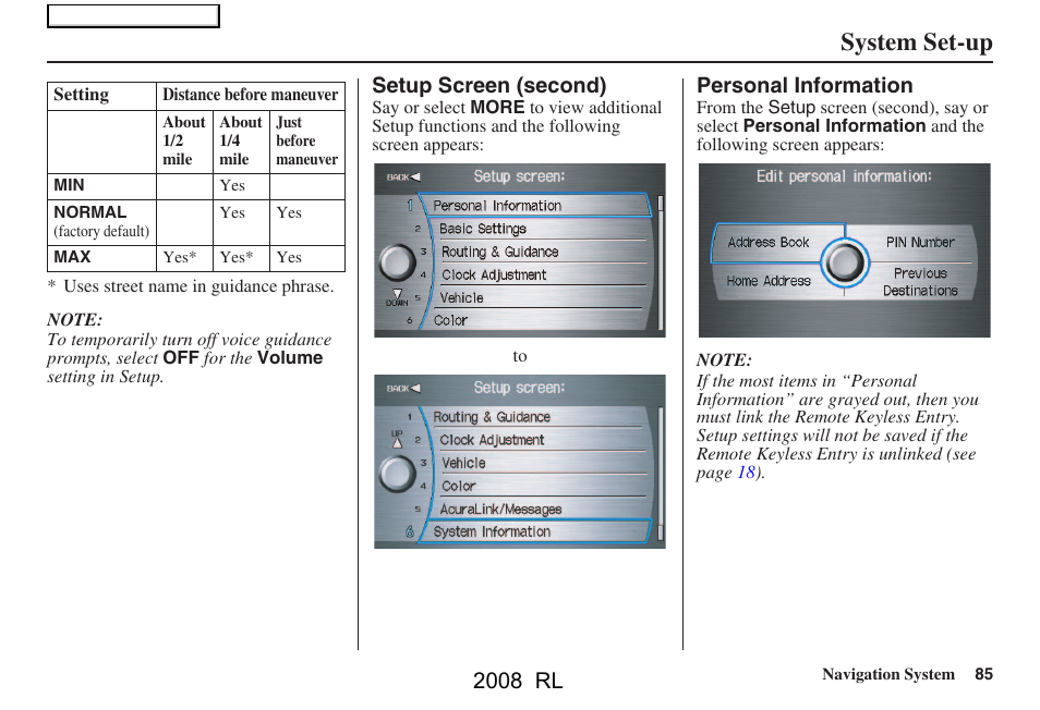 System set-up, 2008 rl | Acura 2008 RL Navigation User Manual | Page 85 / 162