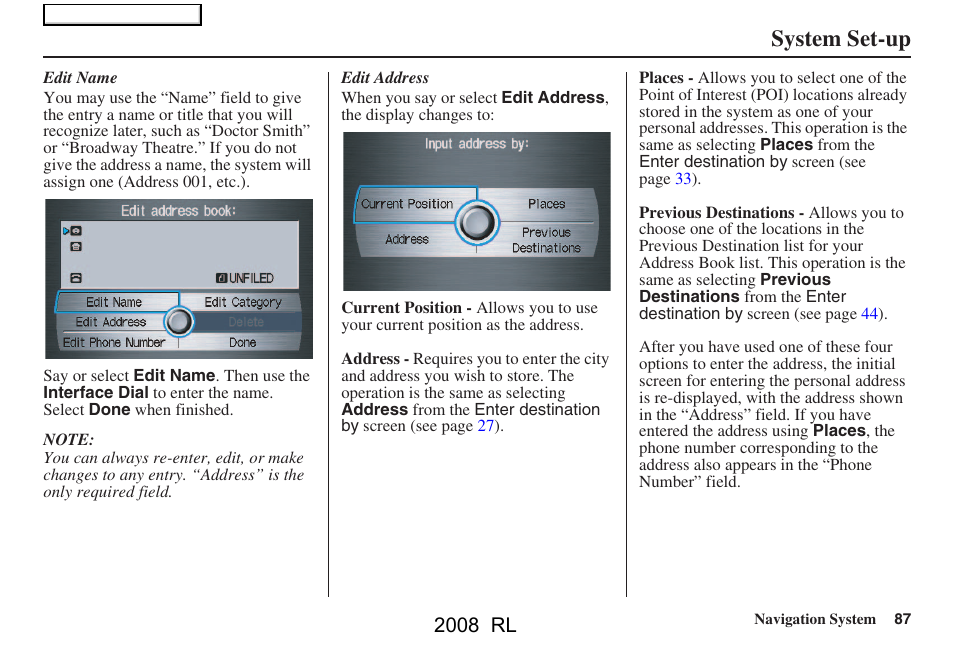 System set-up, 2008 rl | Acura 2008 RL Navigation User Manual | Page 87 / 162