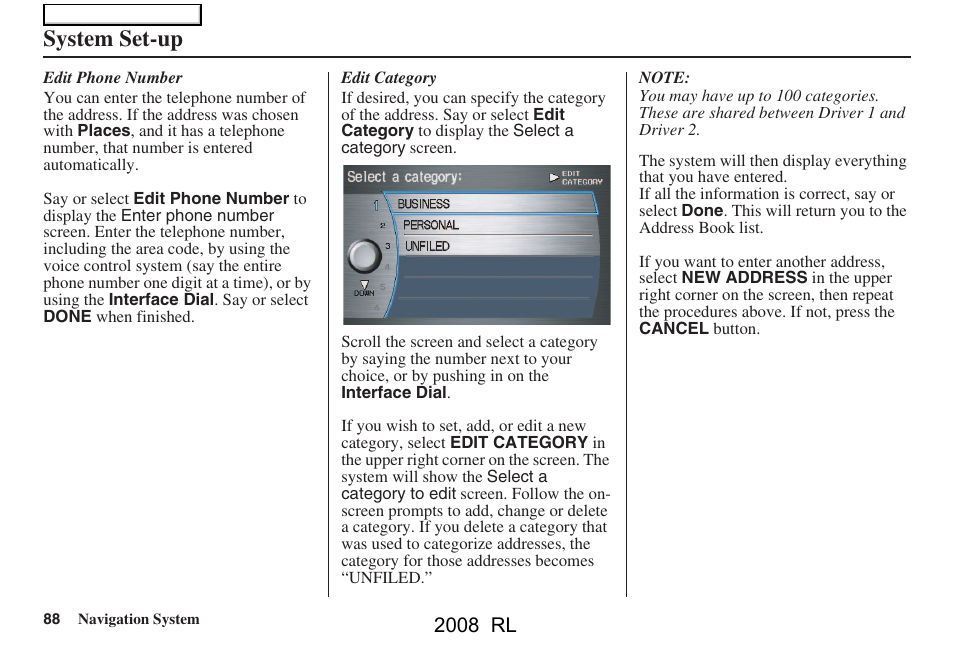 System set-up, 2008 rl | Acura 2008 RL Navigation User Manual | Page 88 / 162