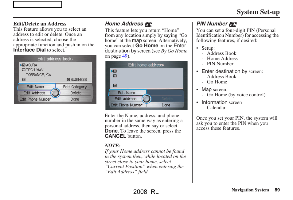 System set-up, 2008 rl | Acura 2008 RL Navigation User Manual | Page 89 / 162