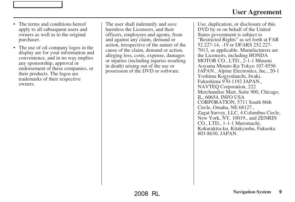 User agreement, 2008 rl | Acura 2008 RL Navigation User Manual | Page 9 / 162