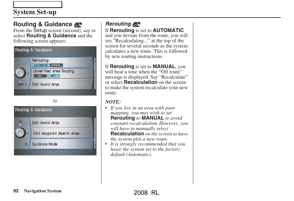 System set-up | Acura 2008 RL Navigation User Manual | Page 92 / 162