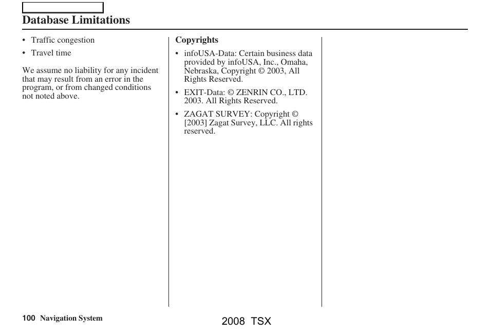 Database limitations, 2008 tsx | Acura 2008 TSX Navigation User Manual | Page 100 / 137