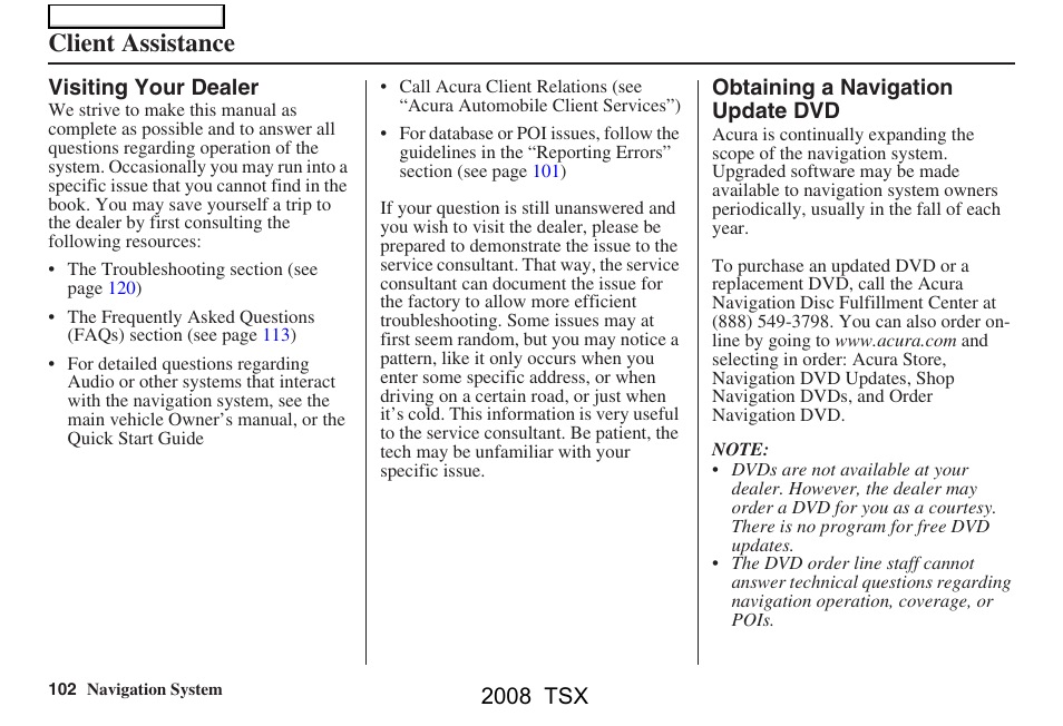 Client assistance, 2008 tsx | Acura 2008 TSX Navigation User Manual | Page 102 / 137