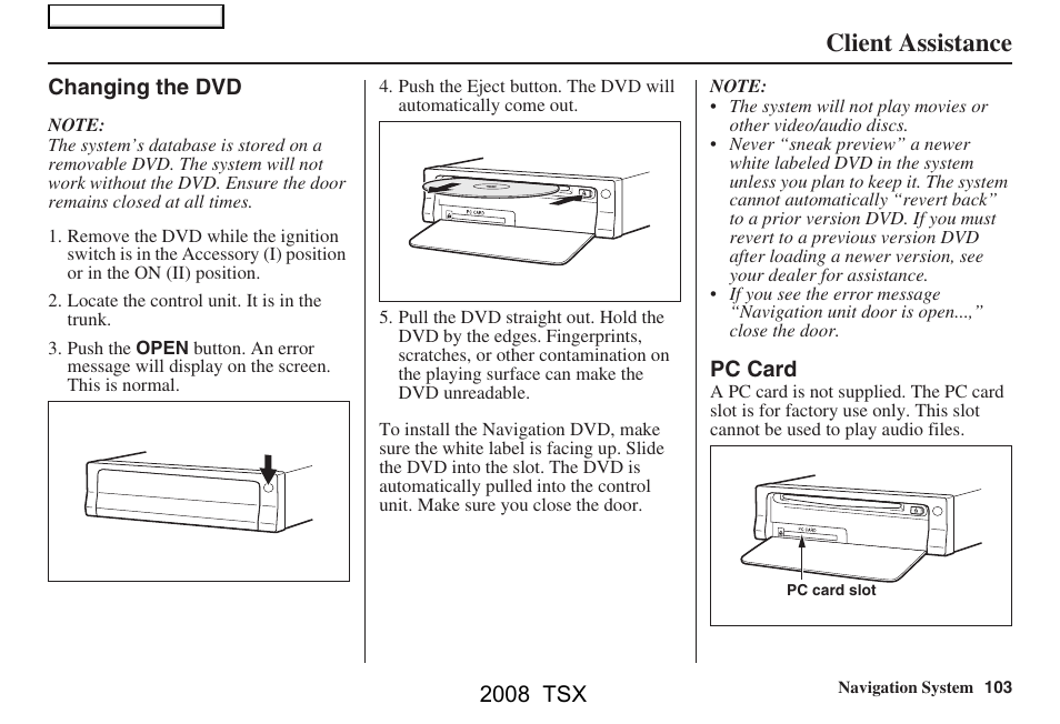 Client assistance, 2008 tsx | Acura 2008 TSX Navigation User Manual | Page 103 / 137