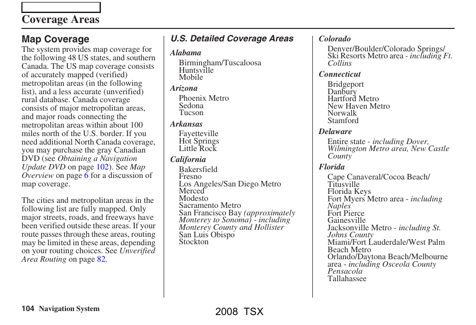 Coverage areas, 2008 tsx | Acura 2008 TSX Navigation User Manual | Page 104 / 137