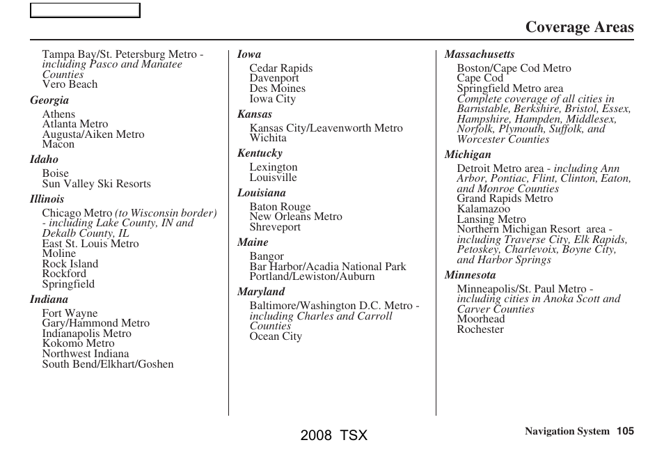 Coverage areas, 2008 tsx | Acura 2008 TSX Navigation User Manual | Page 105 / 137