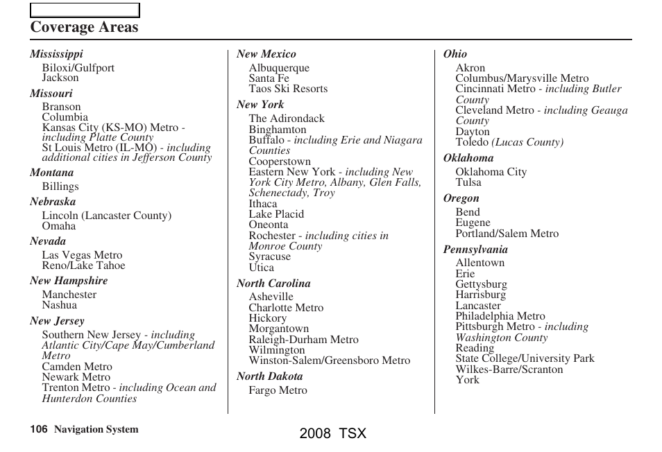 Coverage areas, 2008 tsx | Acura 2008 TSX Navigation User Manual | Page 106 / 137