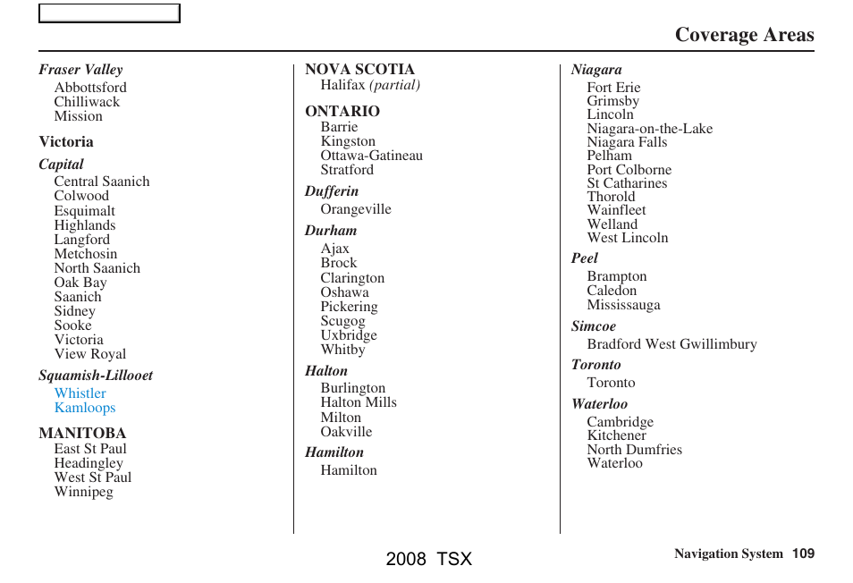 Coverage areas, 2008 tsx | Acura 2008 TSX Navigation User Manual | Page 109 / 137