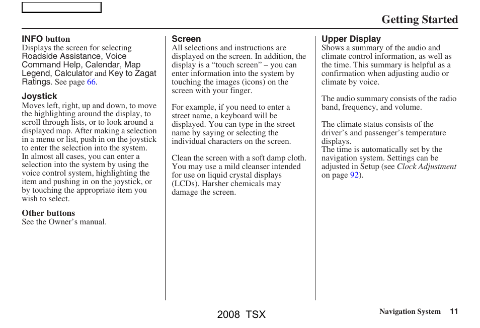 Getting started, 2008 tsx | Acura 2008 TSX Navigation User Manual | Page 11 / 137