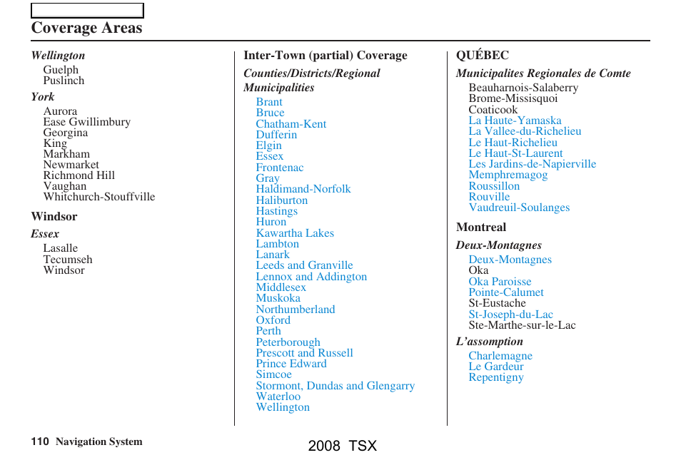 Coverage areas, 2008 tsx | Acura 2008 TSX Navigation User Manual | Page 110 / 137