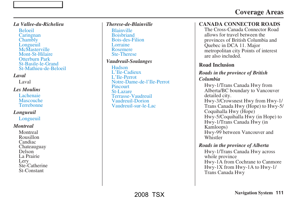 Coverage areas, 2008 tsx | Acura 2008 TSX Navigation User Manual | Page 111 / 137