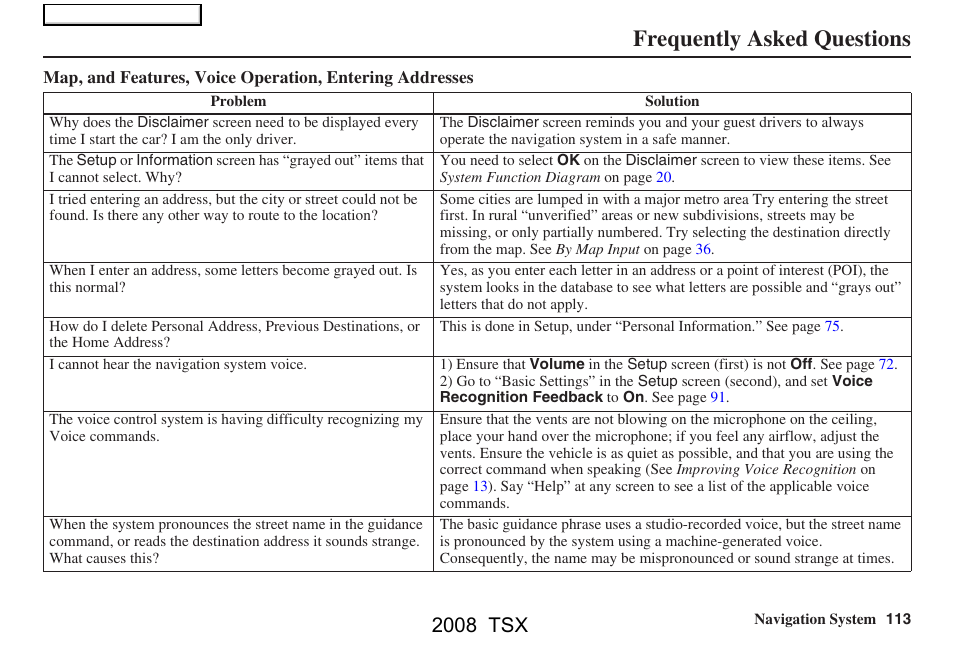 Frequently asked questions, 2008 tsx | Acura 2008 TSX Navigation User Manual | Page 113 / 137