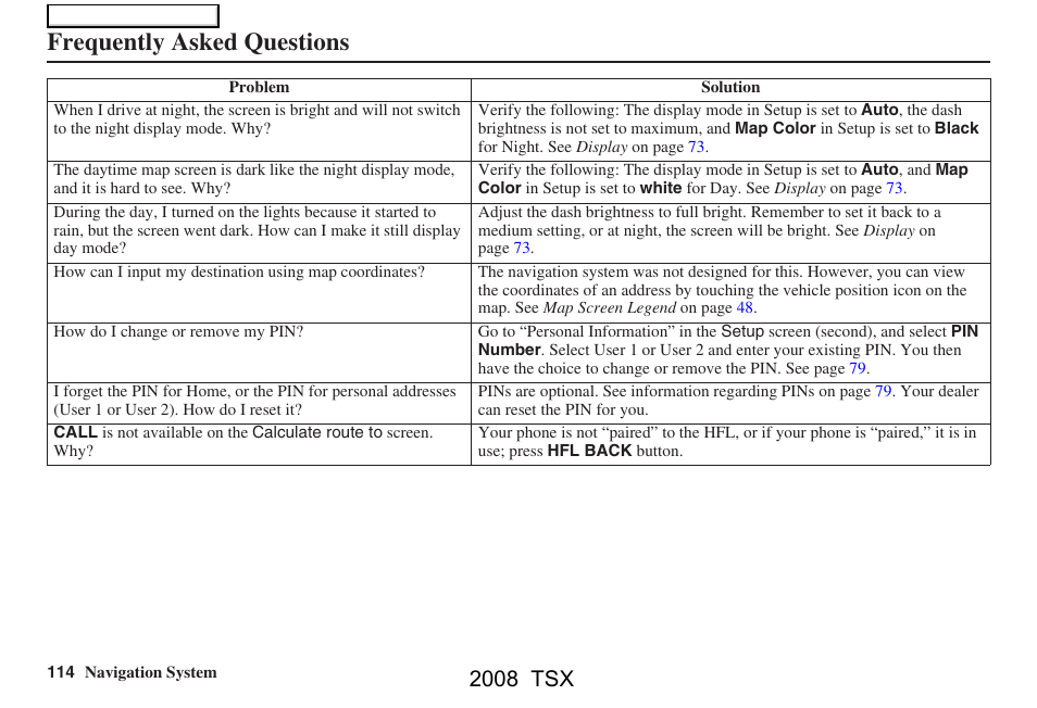 Frequently asked questions, 2008 tsx | Acura 2008 TSX Navigation User Manual | Page 114 / 137