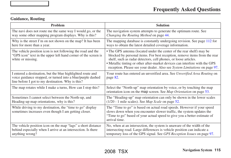 Frequently asked questions, 2008 tsx | Acura 2008 TSX Navigation User Manual | Page 115 / 137