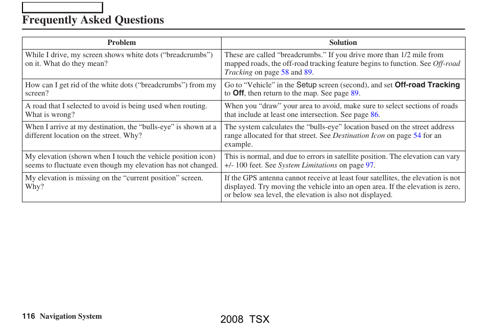 Frequently asked questions, 2008 tsx | Acura 2008 TSX Navigation User Manual | Page 116 / 137