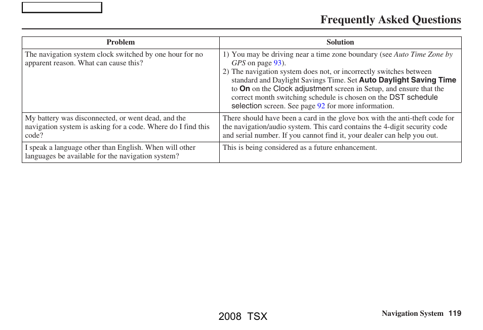 Frequently asked questions, 2008 tsx | Acura 2008 TSX Navigation User Manual | Page 119 / 137