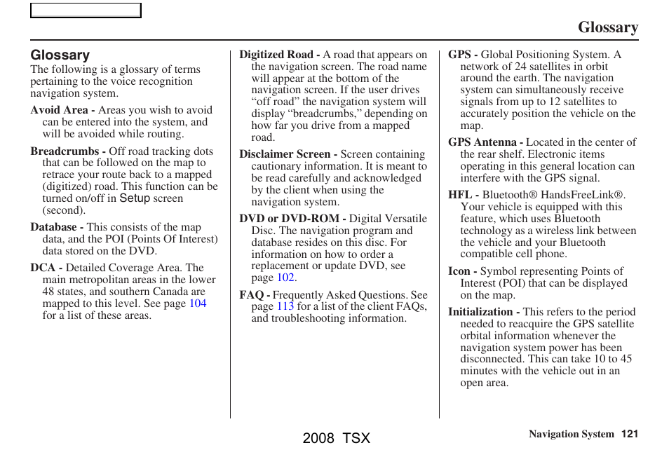 Glossary, 2008 tsx | Acura 2008 TSX Navigation User Manual | Page 121 / 137