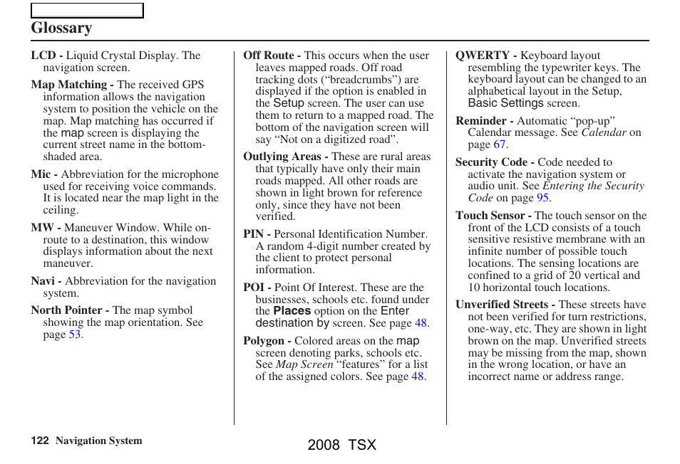 Glossary, 2008 tsx | Acura 2008 TSX Navigation User Manual | Page 122 / 137