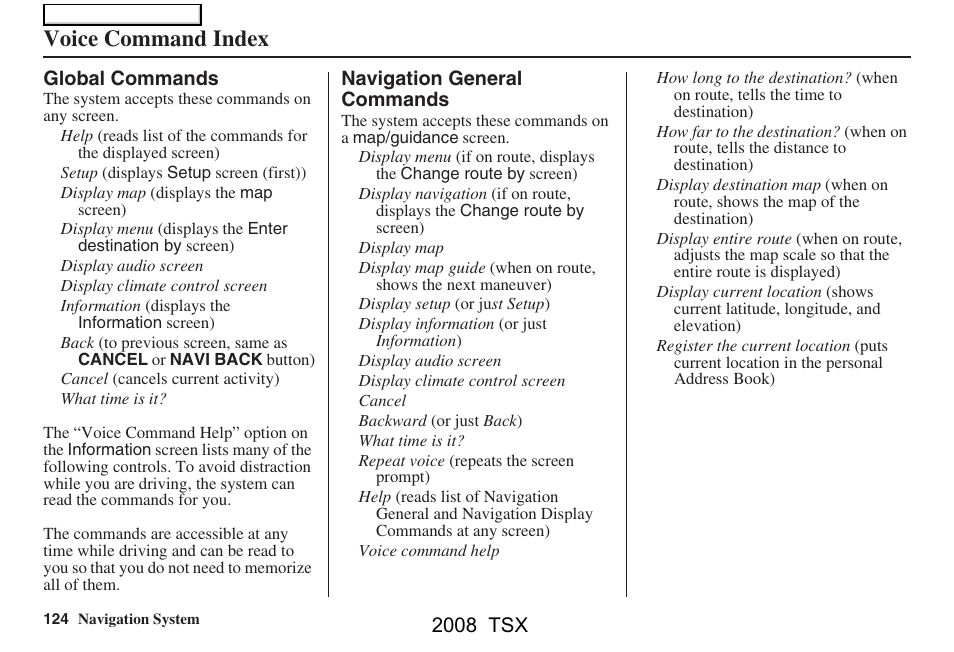 Voice command index, 2008 tsx | Acura 2008 TSX Navigation User Manual | Page 124 / 137