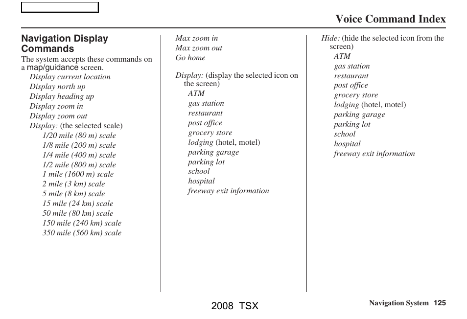 Voice command index, 2008 tsx | Acura 2008 TSX Navigation User Manual | Page 125 / 137