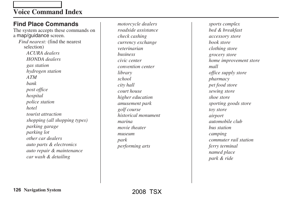 Voice command index | Acura 2008 TSX Navigation User Manual | Page 126 / 137