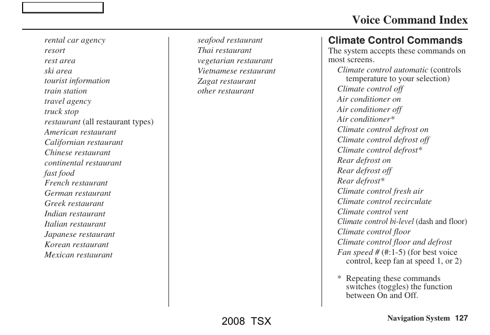 Voice command index, 2008 tsx | Acura 2008 TSX Navigation User Manual | Page 127 / 137