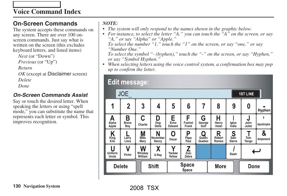 Voice command index, 2008 tsx, On-screen commands | On-screen commands assist, 130 navigation system | Acura 2008 TSX Navigation User Manual | Page 130 / 137