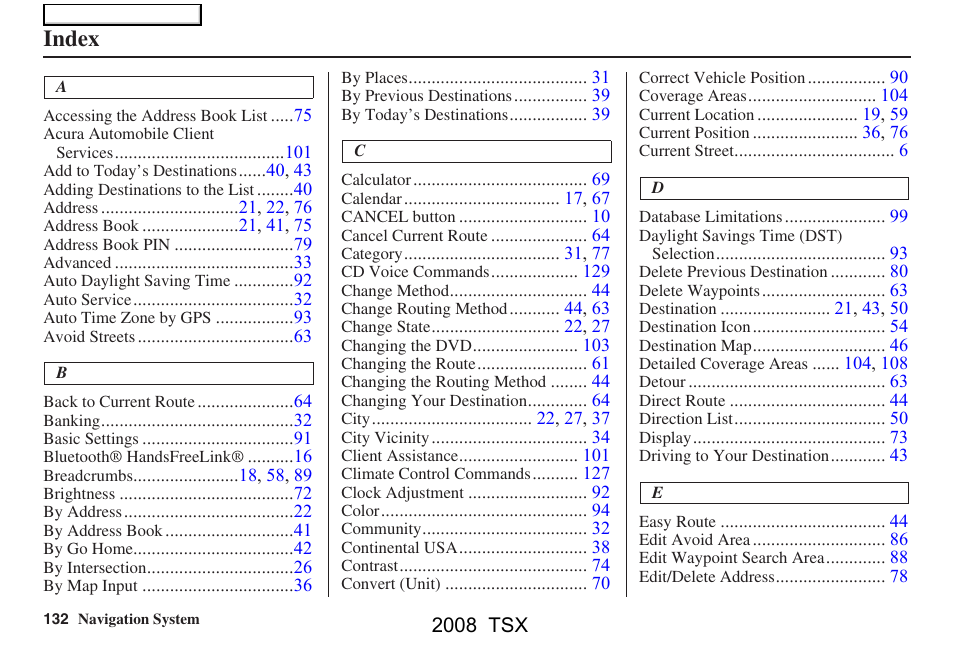 Index | Acura 2008 TSX Navigation User Manual | Page 132 / 137